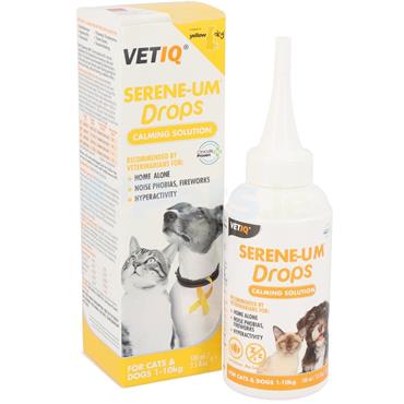 The image shows the packaging and bottle of VETIQ Serene-Um Drops Calming Solution, featuring illustrations of a dog and a cat on the box, and indicating the product is for pets such as dogs and cats.