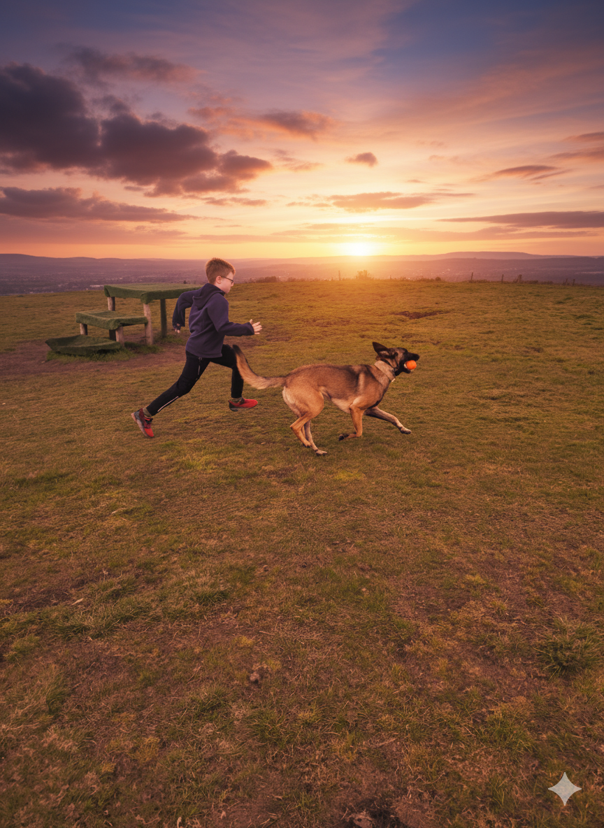 Boy and dog running through a field with the sun setting behind them