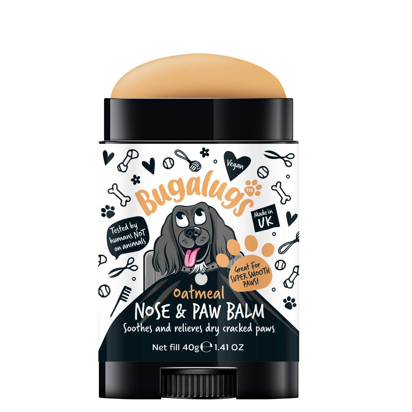 Bugalugs nose and paw balm stick with a black lid on a white background